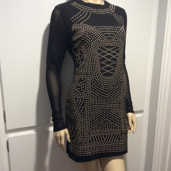Haute Monde bodycon black mini NWOT metal gold studs & sheer long sleeves size L - Picture 4 of 7